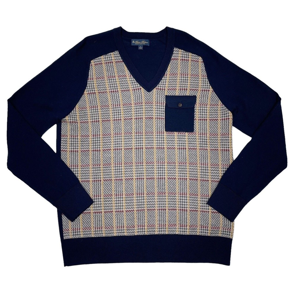 Brooks Brothers Sweater Mens Large Blue Tan Washable Merino Wool Houndstooth